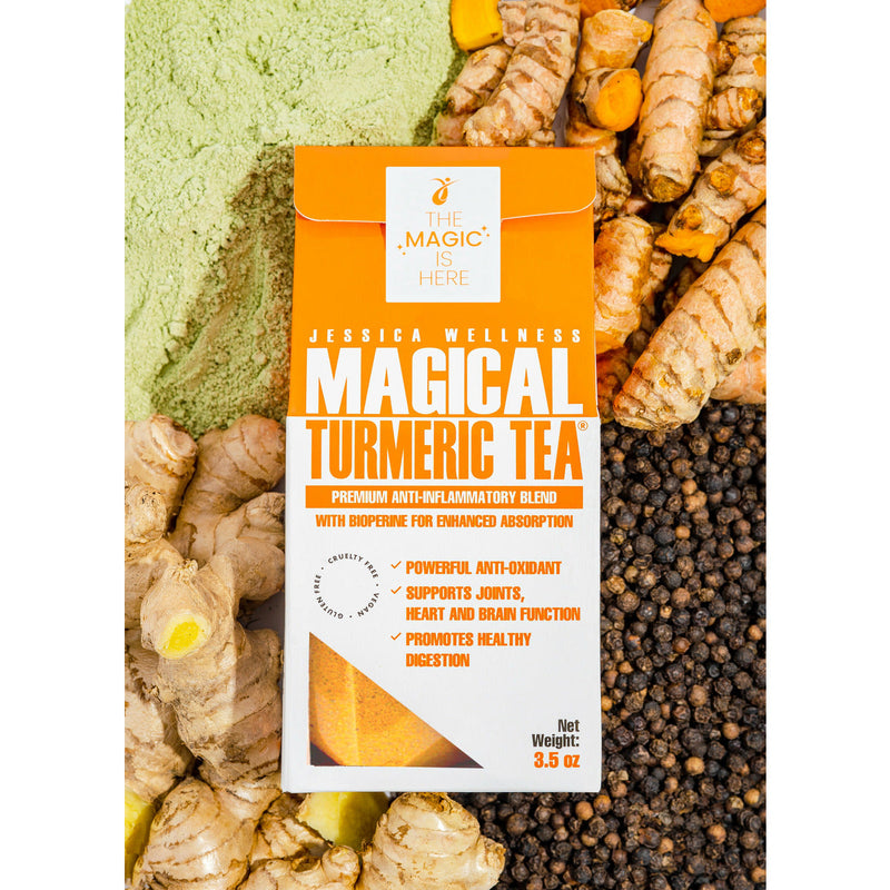 Magical Turmeric Tea made from 100% organic turmeric sourcing from Venezuela, black pepper, ginger and stevia, a super anti-inflammatory blend that helps with muscular cramps, joint pain and even helps reduce the damage made by arthritis, purest turmeric 